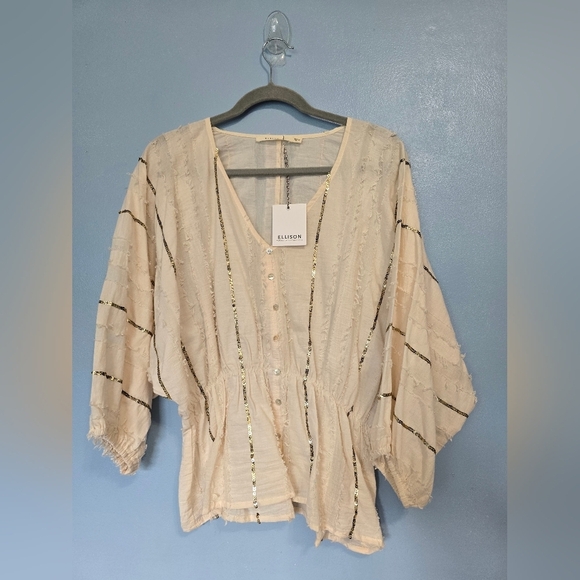 Ellison Boho Sequin Blouse M Cream Nwt - Picture 1 of 8